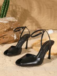 On feet& in love Giày sandal quai ngang thanh lịch dành cho nữ, thiết kế hở mũi đa năng, gót nhọn gợi cảm, sang trọng, thích hợp dự tiệc, gót nhọn cao, phù hợp với trang phục mùa hè. - màu đen - Xem 5