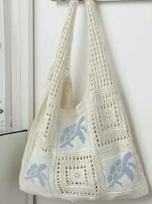 Women's Summer Beach Tote Bag - Crochet Design With Sea Turtle Pattern, Large Capacity Open-Top Tote, Beige Polyester, Suitable For Casual Outings And Coastal Vacations, Beach Tote Bag, Travel Accessory, Bohemian Fashion, Woven Texture, Spacious Tote Bag, Essential For Vacation, Ideal For Work, Back To School