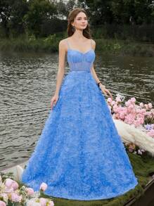 Faeriesty Luxe Elegant Women's Ball Gown Dress With Thin Straps, Back Tie-Up And A-Line Skirt - Perfect For Formal Events, Galas, Ballroom Dances, High-End Parties, And Wedding Receptions. - Blue - View 7