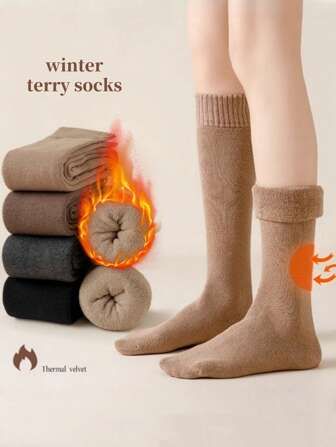 1/2/3/4 Pairs Women Knee-High Socks, Fleece Lined, Warm Mid-Calf Socks, Thermal Sleeping Socks For Winter, Cozy