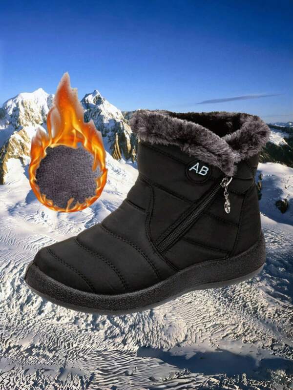 Round Toe Side Zipper Winter Snow Boots, Plush Inner ThermaWaterproof Non Slip Outer Mid Calf Boots, Women's Footwear