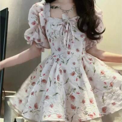 高級感のある甘さと小清新なワンピース女夏純欲甘収腰姫ポンポンスカート気品スカート女装