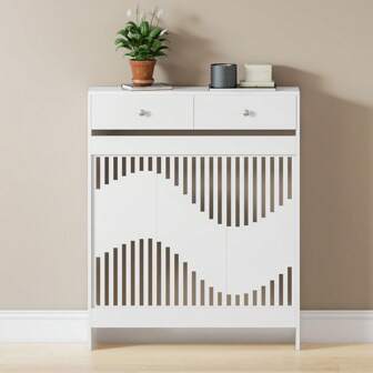 Radiator Cover With Drawers, White Modern MDF Vertical Slats Wood Decorative Cabinet For Living Room Bedroom Hallway, Small