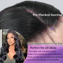 VIOLLY 13x4 大面积透明蕾丝前部手工编织真人发假发 200 密度 28 英寸长身体波浪黑色巴西真人发混合假发 - 混合真人发和合成预拔发际线和预漂白隐形结，适合女性在日常或节日场合佩戴