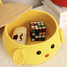 1pc Cartoon Woven Snack Storage Box With Lid, Cute Entryway Organizer Basket For Women Storage Organizer Travel Essentials Back To School Dormitory Storage