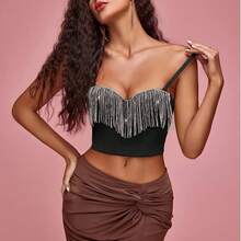 Camisola de corsé corta con borlas de diamantes de imitación para mujer, camisola sexy de color liso, sin espalda y a la moda - Negro - Ver 3