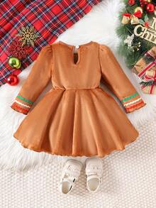1pc Toddler Girls' Cute Vintage Style Plush Thick Long Sleeve Dress, Winter - 駝色 - 查看 2