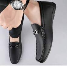 Men's Luxury Genuine Leather Penny Loafers, Casual Woven Style Slip-On Flat Shoes With Convenient Elastic Band, Suitable For Daily Wear, Weddings, Banquets, Office, Business Occasions In Spring And Autumn - Black - View 5