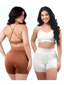 Work Fitness Kit 2 Set Bare Back Top With Cross Straps And Bermuda Shorts Basic Premium - White and Caramel - View 1