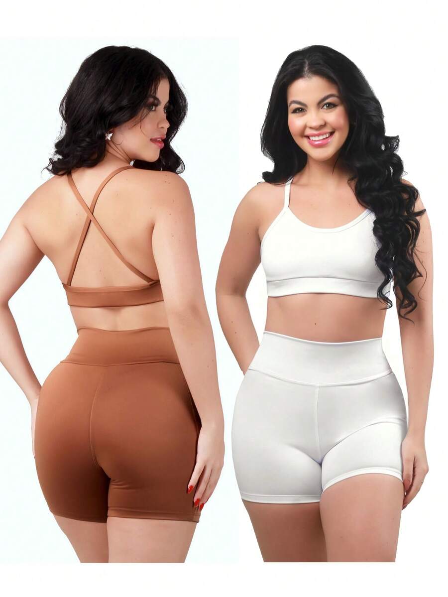 Work Fitness Kit 2 Set Bare Back Top With Cross Straps And Bermuda Shorts Basic Premium - White and Caramel - View 1