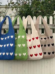 1pc情人节大容量红心针织手提包-女士休闲单肩沙滩包，新款针织心形手提包-甜美风格单肩包，情人节礼物，休闲手提包|可爱设计，夏季，沙滩，购物，多功能通勤包大容量 - 彩色 - 查看 4