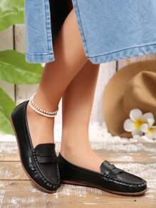 女士圆头便士乐福平底鞋，大码，镜面抛光，纯色，灵活，四季皆宜，简约设计，聚氨酯鞋面，织物内里，TPR 鞋底，无亮片，可手洗或专业干洗 - 黑色 - 查看 8