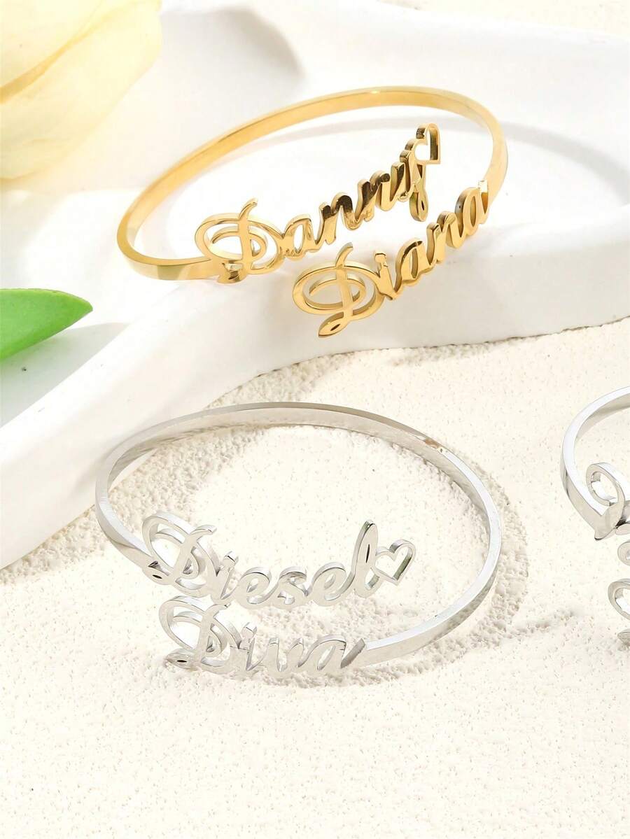 1pc Customized Double Name Couple Bracelet, Personalized Multi-Name Bracelet, Romantic Valentine's Day Gift For Her, Birthday Gift For Her, Christmas Gift, Mother's Day Gift Gold, Silver Stylish, Vintage, Contracted, Simple, Fall Fashion, Old Money, Casual Custom, Personalized, Unique Ideal Gifts For Her Girlfriend, Mom, Family, Friends, Daughter - Gold - View 1