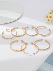 12/7/5pcs Set Textured Chunky Star Floral Pattern Twisted Geometric Round Disc & Bead Multi-Layer Wavy Metal Chunky Bangle Bracelet Set, Fashion Elegant Vintage Design, Suitable For Holiday, Party, Date, Gift, Daily Wear - Yellow Gold - View 8