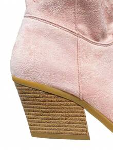 Campera botines de mujer,Botas botines de vaquero retro de alta calidad con diseño calado y cómodo tacón grueso con cremallera lateral estilo occidental - Rosa Pálido - Ver 4