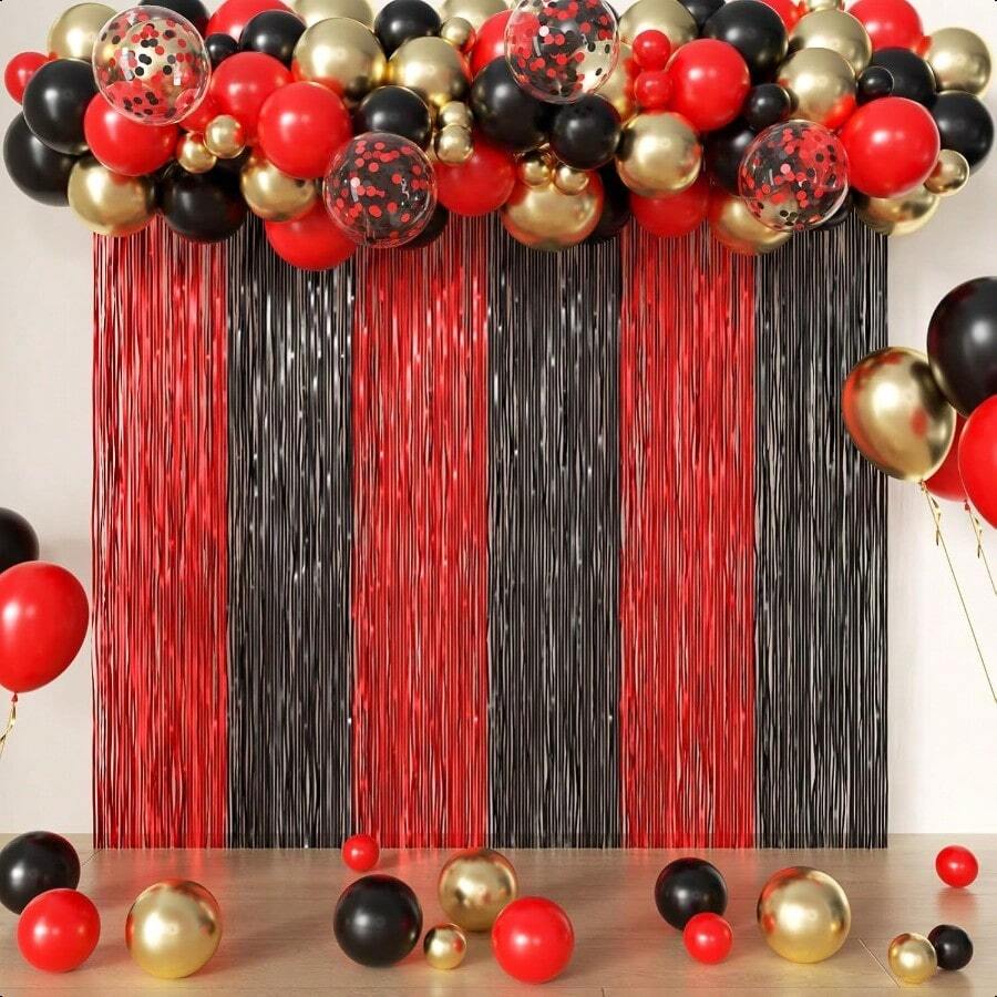 Red And Black Foil Fringe Curtains And Balloon Garland Arch Kit 2 Pack 3.2x8.2 Feet Backdrop Tinsel Curtains And 78 Pcs Balloons For Deadpool Twilight  Party Decorations Red And Black-0162 - Đỏ và Đen - Xem 1