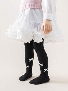 1/3 双女婴可爱蝴蝶结装饰紧身裤袜，适合所有季节的女童浪漫风格紧身裤