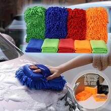 6pcs Set Of Extra Thick Extra Large Chenille Car Wash Sponges And Towels, Includes 1 Cleaning Sponge With Glove And 5 Soft Super Absorbent Microfiber Towels - Super Absorbent, Scratch-Free And Reusable - For Car, Home And Kitchen