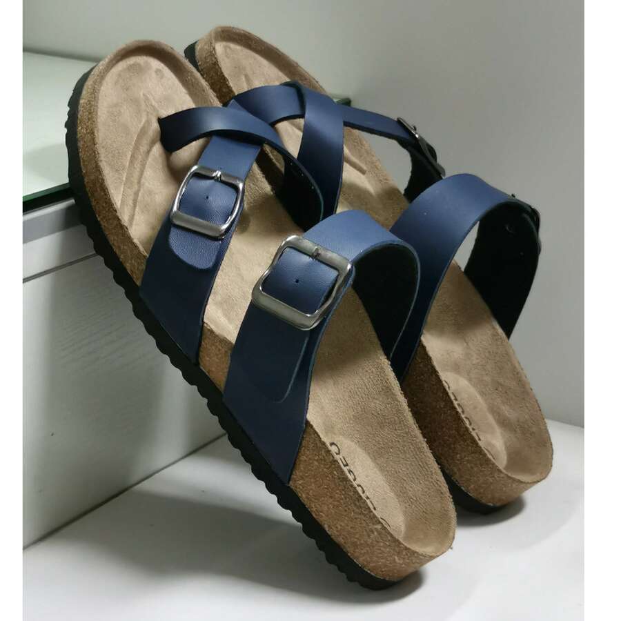 Unisex Casual Slippers, Indoor Home Shoes, Outdoor Versatile Shoes, Cross Toe Thong Sandals, Beach Shoes, Couple Flip Flops - Blue - View 1