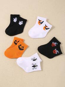Infant/Children 5 Pairs Halloween Pumpkin/Ghost/Bat Pattern Orange Casual Elastic Mid-Calf Socks - Multicolor - View 6