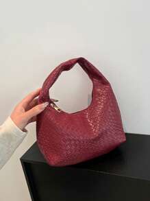 皮革腋下法棍包，适合外出、约会和通勤。时尚不对称方形手提包，PU编织纹理托特包，酒红色，日常工作包，顶部手柄钱包（图案随机）