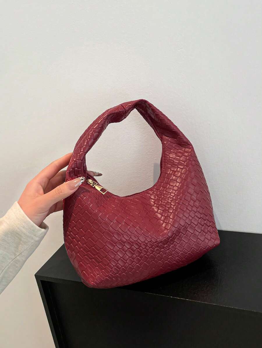 皮革腋下法棍包，适合外出、约会和通勤。时尚不对称方形手提包，PU编织纹理托特包，酒红色，日常工作包，顶部手柄钱包（图案随机）