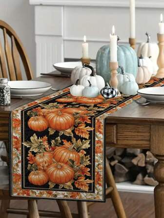 1pc/10pcs Autumn Pumpkin Table Runner, Thanksgiving Table Runner, Harvest Festival Decor, Farmhouse Style, Linen-Like Material, 33*91CM/33*183CM/33*274CM, Indoor Outdoor Party Decoration, Pumpkin Theme, Home Kitchen Decor