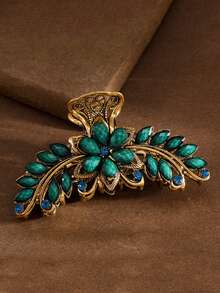 1pc Oversized Vintage Palace Style Hair Clip, Women's Daily Braided Hair Accessory, Matching Cheongsam And Hanfu, Blue Sapphire Imitation Green Alloy Hair Clip Decorated With Colorful Crystals, Retro European And American Style, Oversized Design, Suitable For New Year, Holidays, Birthday Gifts And Daily Elegant Attire, Holiday Accessories, European And American Style Hair Accessories, Women's Claw Clip, Autumn Accessories, Floral Hair Claw, Autumn/Winter Holiday Attire. Flower Hair Clip - Multicolor - View 10