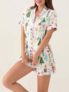 Christmas Pajamas Shorts Set For Women Santa Claus Pjs Button Up Shirt+Shorts 2 Piece Xmas Jammies Loungewear - Green - View 4