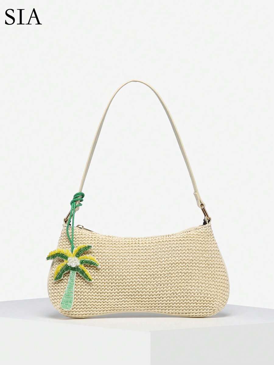 1 件女士复古度假海洋生物仿珍珠樱桃仿毛皮尾巴编织装饰单肩腋下法棍包，适合约会、郊游、度假 - 米色 - 查看 1