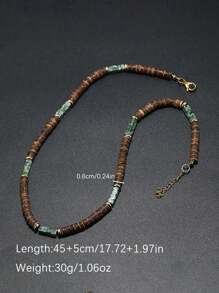 1 件复古波西米亚天然石项链，夏季珠宝，带棕色椰子壳和木珠，男士配饰