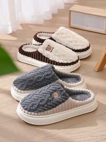 Pantofole invernali/autunnali da uomo in pile antiscivolo, pantofole da camera divertenti con toppe a forma di orso, suola spessa, pantofole chiuse in EVA morbido e carino - caffè bianco - Visualizzare 5