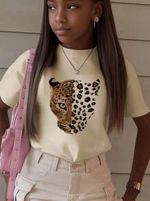 1pc Girls Casual Sunglasses Print Crew Neck Short Sleeve T-Shirt, Summer Student Young Fashion Cool Graphic Tee Stimulates Imagination & Self-Expression - Apricot - View 8