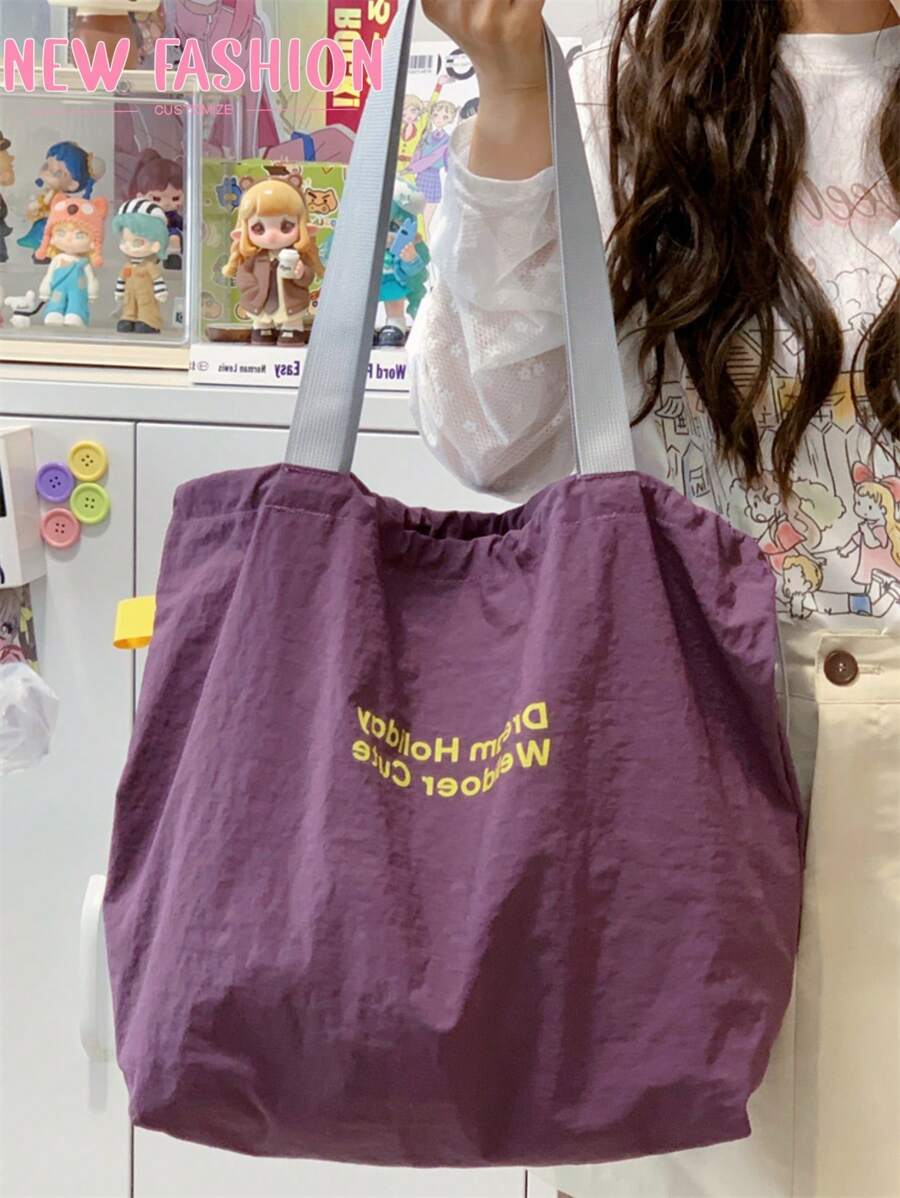 2025大容量抽绳单肩帆布包日文字母尼龙手提包托特包通勤包 - 紫色 - 查看 1