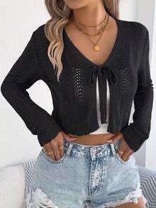 Women's Solid Color Knitted Cardigan Autumn Lace Up Hollow Long Sleeved Casual Outfit Knitted Sweater - Black - View 1