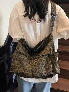 新款休闲时尚豹纹&橄榄绿大容量单肩斜跨帆布托特包，流浪汉风格，欧美风，适合上学、日常、购物、户外、旅行、健身房，新月形复古斜挎包 - 墨綠色 - 查看 8