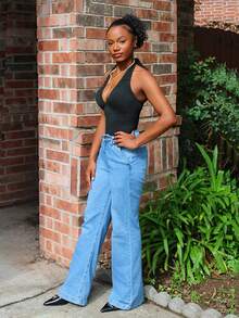 Steph T Body de mujer negro sexy con cuello en V profundo, drapeado, espalda abierta y cuello halter, de diseño minimalista, cómodo y versátil, adecuado para primavera y verano, ajuste ceñido y elástico