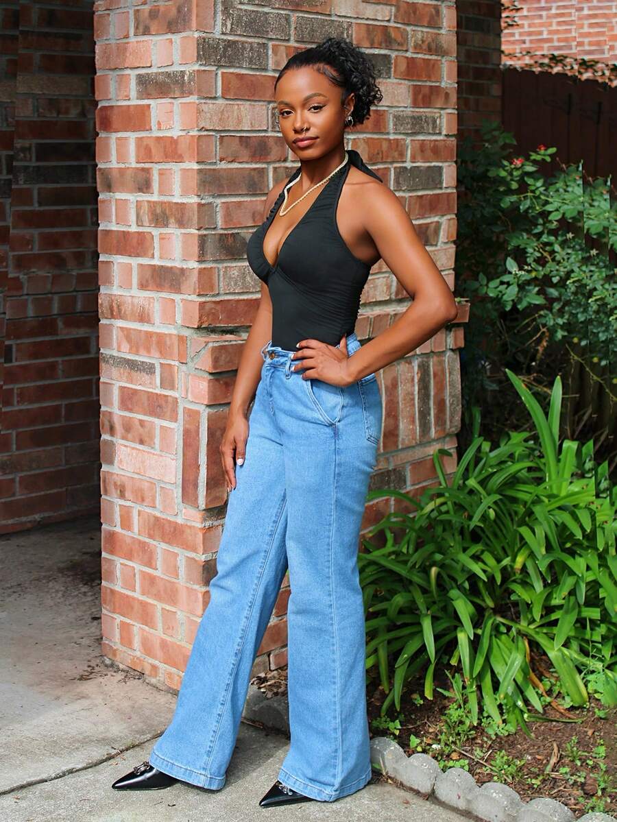 Steph T Body de mujer negro sexy con cuello en V profundo, drapeado, espalda abierta y cuello halter, de diseño minimalista, cómodo y versátil, adecuado para primavera y verano, ajuste ceñido y elástico