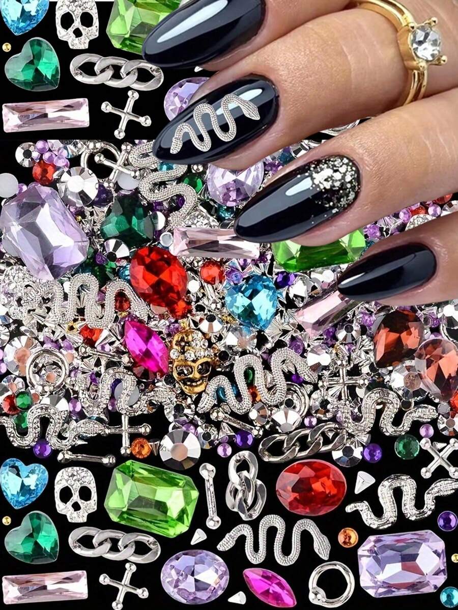 Kit Nail Art Punk Y2K 300 buc - Nituri conice negre, aurii și argintii cu cranii metalice 3D, cruci, șerpi și brelocuri vintage - Include pietre mari din sticlă pentru manichiură DIY