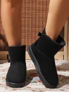 1 Par de Botas Curtas para Adolescentes, Botas de Neve Quentes para Meninas com Decoração de Laço, Tecido de Camurça com Forro Térmico, Bico Redondo e Salto Baixo, Botas de Neve Casuais e Quentes para Uso Diário no Inverno - Preto - Visão 4