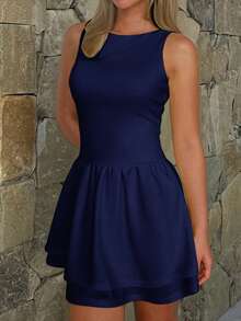 Women's Solid Color Backless Fitted Christmas Dress - Navy - View 7