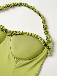 Halter Ruffle Layered Hem Bodycon Dress In Bright Green, Asymmetrical Fringe Summer Beach Look - Green - View 8