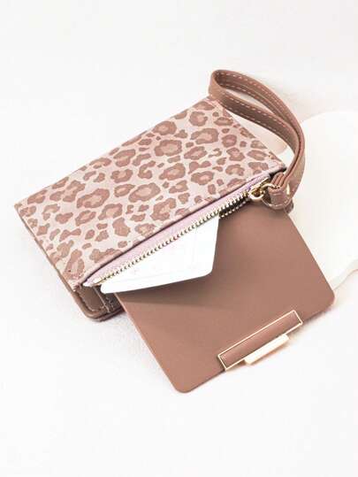 Cartera corta de mujer con parches de color contrastante, monedero con cierre a presión de gran capacidad, estampado de leopardo y grano de árbol, multifuncional para tarjetas, elegante y práctico para estudiantes jóvenes, ligero y de moda, ideal como regalo para vacaciones