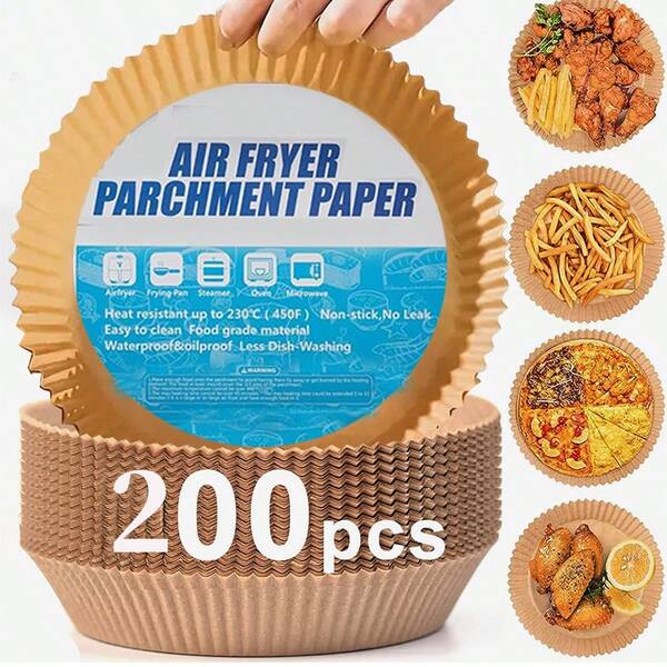 [Papel para alimentos] 50/100/200 peças de papel redondo para fritadeira a ar - Papel para assar e papel de silicone - Recipiente para armazenamento de alimentos - Bandeja de papel para assar - Prato de papel - Utensílios para assar/acessórios de cozinha - Adequado para cozinha doméstica diária e acampamento ao ar livre, churrasco e suprimentos de cozinha de restaurante de hotel - Suprimentos para festas de festivais - Festa de aniversário/Halloween/Natal/Páscoa/Festival da primavera - Artigos para festas