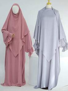 1 套柔软 Abaya 穆斯林连衣裙伊斯兰女装，Abaya 迪拜伊斯兰服装，长袍喇叭袖设计，搭配纯色头巾，经典百搭上衣 - 彩色 - 查看 6