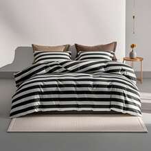 Black & White Striped Comforter Set – Ultra-Soft Microfiber Fabric Bedding, Wrinkle-Resistant Easy-Care Durable All-Season Bedding For Adults & Teens, Ideal For Modern Bedroom Decor - 黑與白 - 查看 8