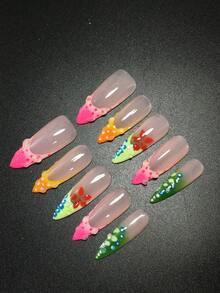 Set da 10 pezzi di unghie sottili con tacco alto in stile Y2K, pressate a mano, nei colori rosa, nero, nude con stelle, bianco, stampa leopardata multicolore, multicolore, con colla per lo styling e fiori sfumati lavorati a mano. 3 misure adatte per la arte di unghie estiva, ideali per feste, balli e uso quotidiano, con accessori per unghie inclusi.
