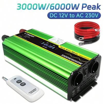 LVYUAN Inverter 12 V -230 V 3000 W / 6000 W Voltage converter with LCD display, 2 EU sockets, fan and 4 USB ports, incl. car cigarette lighter plug, wireless remote control