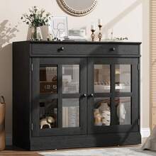 Dragonpad 35.4" Sideboard Buffet Cabinets With Glass Door, Buffet Cabinet With Storage, White&Brown Sideboard Cabinet With Drawer, Modern Buffets & Sideboards For Dining Room, Kitchen - 黑色 - 查看 1
