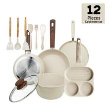 ABKOK 1pc/2pcs/3pcs/4pcs/7pcs/12pcs/15pcs Aluminium Pot Set 7.4inch Stockpot With Lid 8.3inch Wide Mouth Frying Pan 9.8inch Frying Pan Silicone Three Pieces Set Spatula Spatula Spoon Wooden Handle Suitable For Kitchen Cooking, Frying And Cooking .Multi-Piece Cookware Bundles & Single Pots Sold Separately - Mix & Match For Your Kitchen Needs